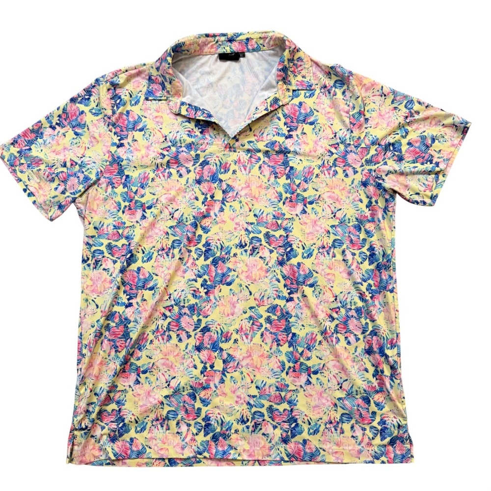 Sunday Swagger Golf Polo Shirt Mens XL Tropical Floral Monstera Yellow Pink Blue